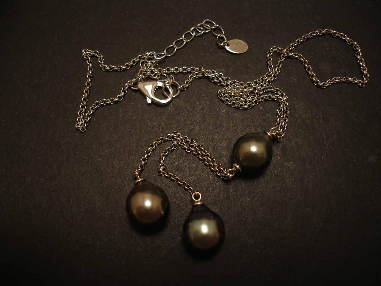 Three Tahitian Black Pearls, Fine Silver Chain - Christopher William ...